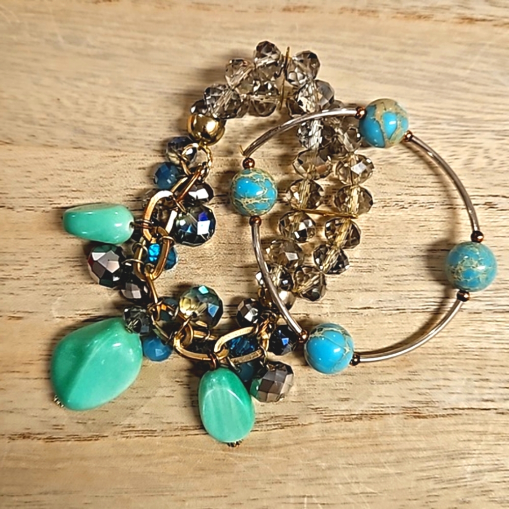2 pc. turquoise colored stones gems smoked gray crystals bracelets arm candy
